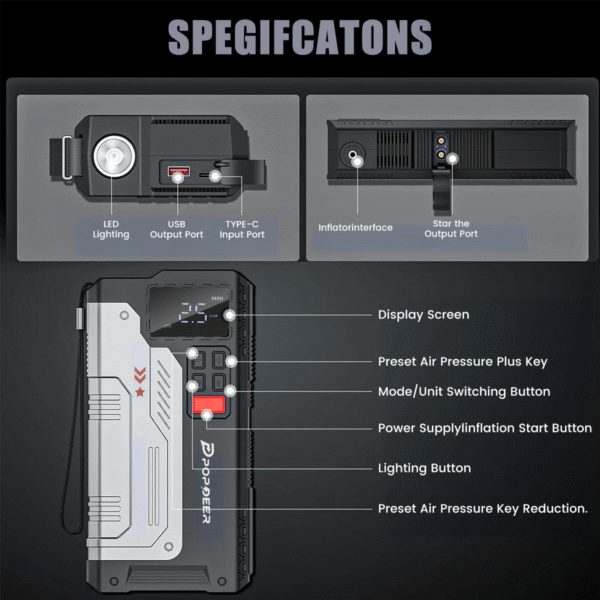 PD-JA1 20000mAh 2500A Professional Portable Car Jump Starter Inflator Emergency Start Power Supply Air Pump All-In-One Machine - Image 6